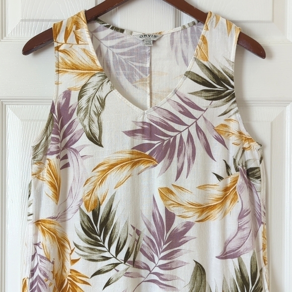 Orvis Tropical Leaf Printed Linen Blend Sleeveless V-neck Mini Dress White Small - Picture 2 of 12